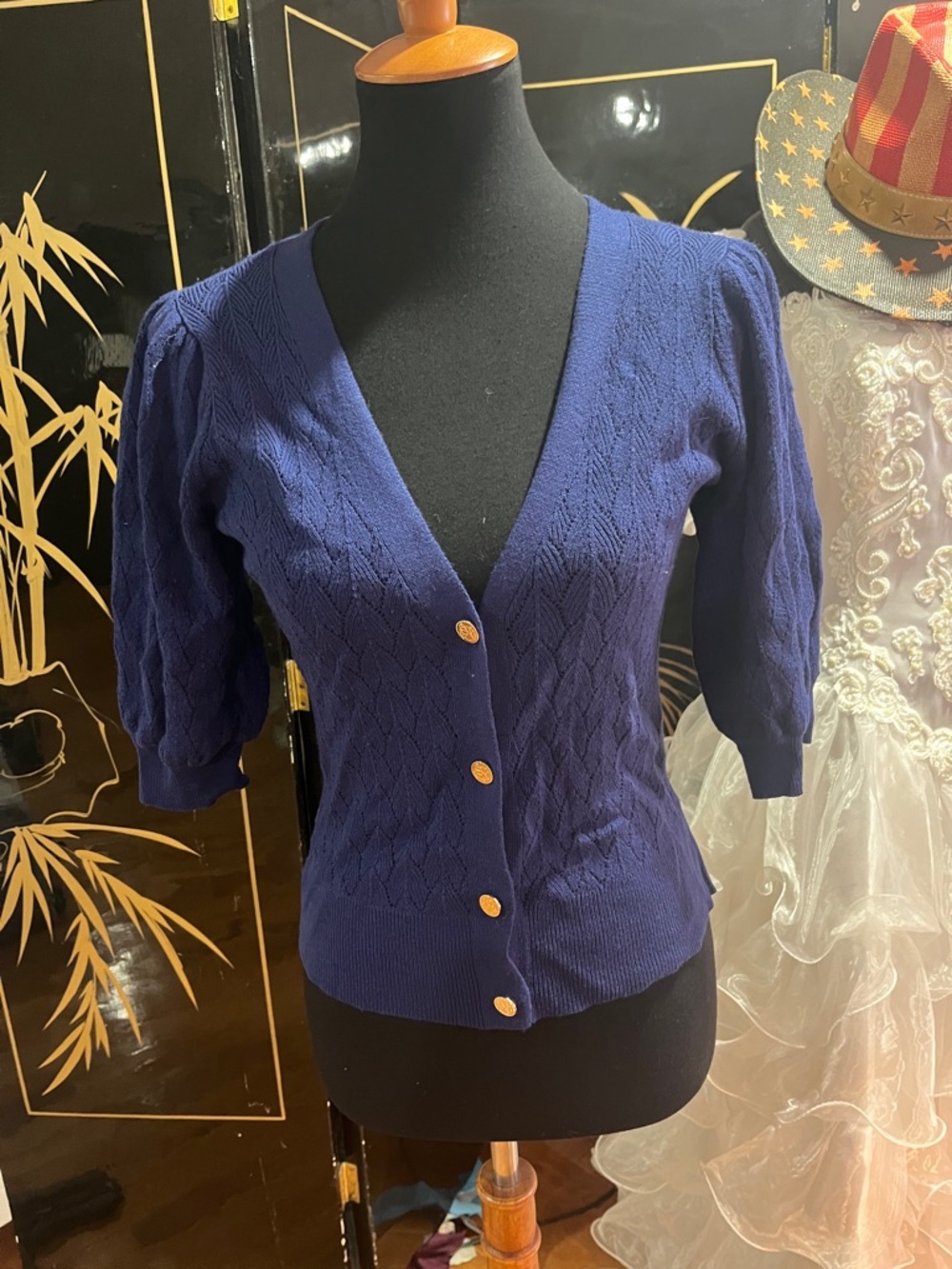 Draper James Deep Blue V‑Neck Button Cardigan